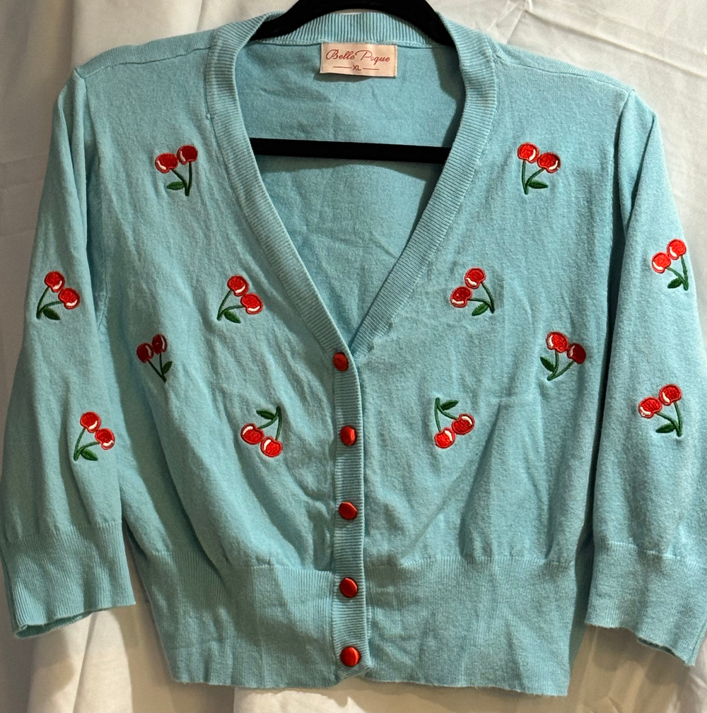 Belle Poque Cherry Embroidered Cardigan Sweater Blue XL Y2K Retro